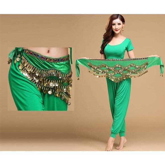 Women's Triangular Belly Dance Hip Scarf Wrap Green Gold Skirts with Gold Coins - Picture 3 of 5